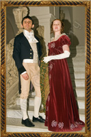 Klasyczna empirowa suknia balowa z czerwonego aksamitu, noszona na krótki gorset. 1810-1815